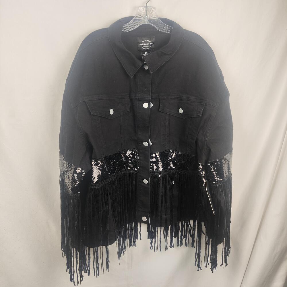 American Bazi Jacket Womens 3X Black Sequin Fringe Denim Western Cowboy Party